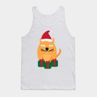 Cute Cartoon Cat with Santa Hat and Green Red Gifts Tank Top